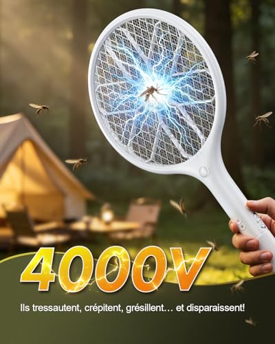 Mohard Electric Insect Racket, 4000V USB Rechargeable Fly Swatter, 3-Layer Safety Grid & LED Light, Lightweight Mosquito Racket for Indoor, Outdoor, Garden & Camping