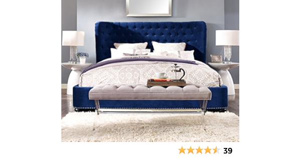 Amazon Com Tov Furniture The Finley Collection Contemporary Style Velvet Upholstered Button Tufted Wingback Bed With Nailhead Trim King Size Blue Furniture Decor