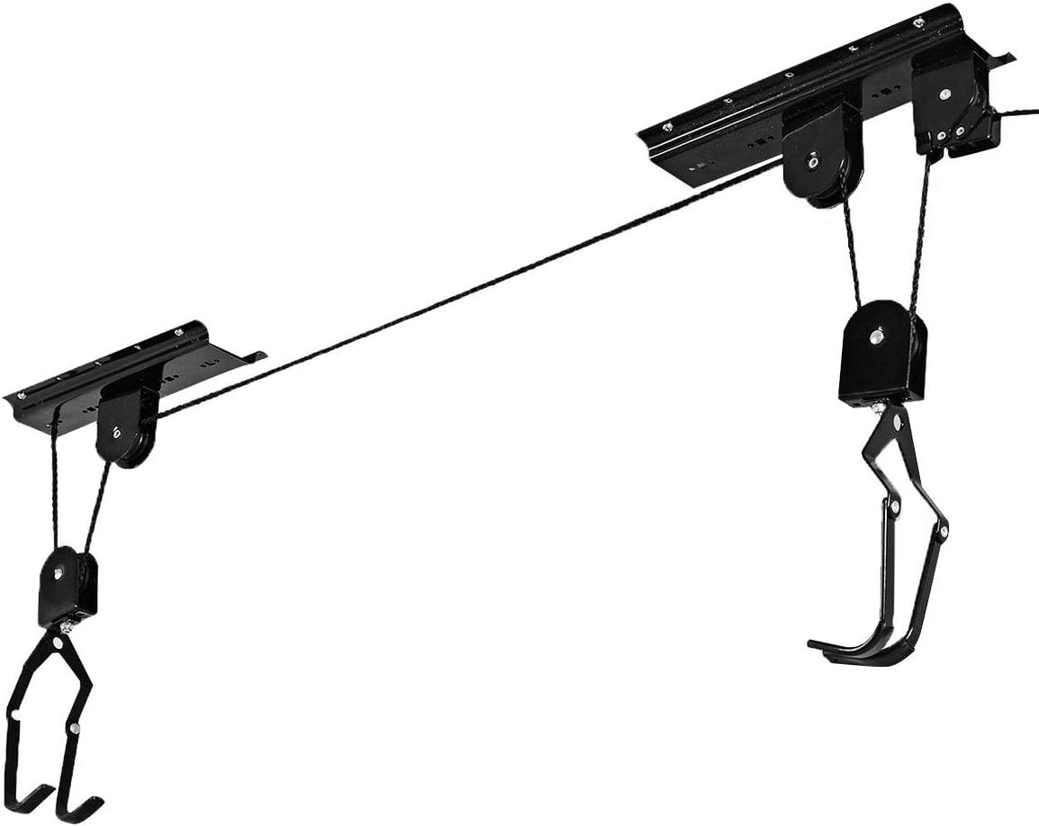 Goplus Bike Lift Hoist Heavy Duty Ceiling Mounted Hoist Storage Garage Hanger Pulley Rack, Lift Height up to 12ft (1 Pack)
