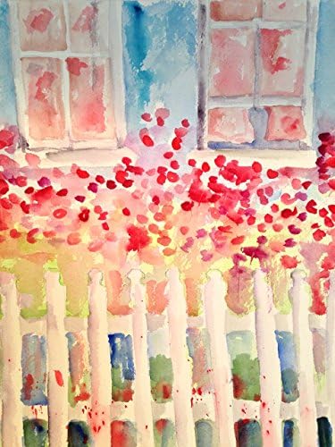 Original Watercolor Wall Art - Cosmos Flowers Behind a Picket Fence, Paintings NOT prints; 10x11.5 inches