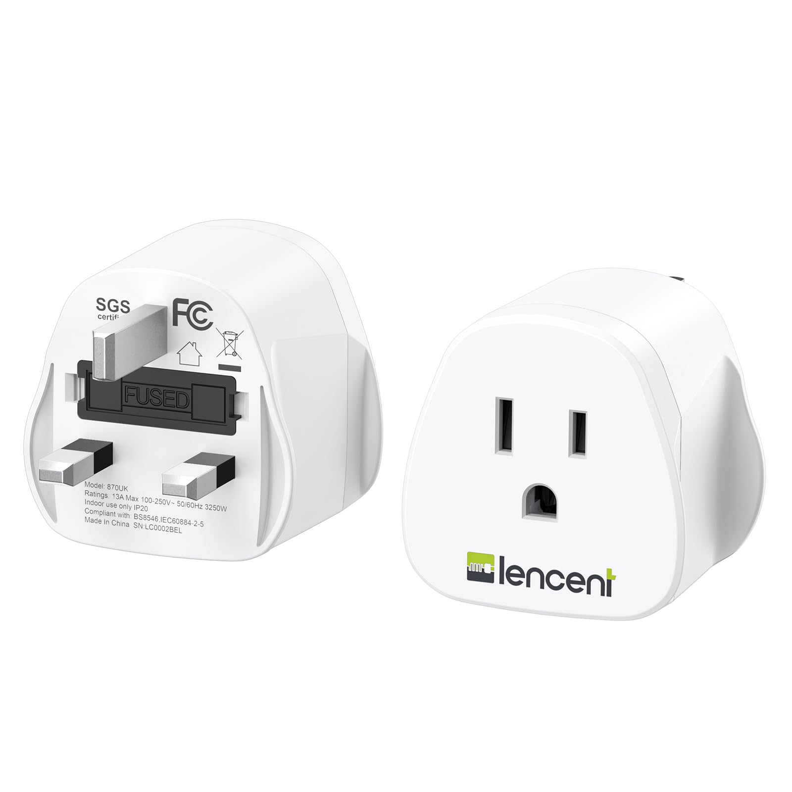 LENCENT 2X US to UK Plug Adapter, America 2/3 Pin to 3 Pin UK Travel Adaptor, the United States/Mexico/Canada to British Plug Adapter with 13A Fuse- White, 2 Pack