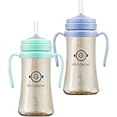 GROSMIMI Spill Proof Magic Sippy Cup with Straw with Handle for Baby and Toddlers, PPSU, BPA Free 10 oz. 2-pack (Aqua Green & Sky Blue)