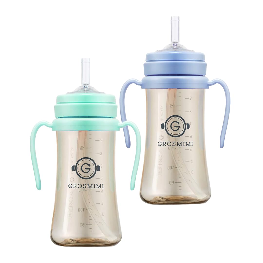 Photo 1 of GROSMIMI Spill Proof Magic Sippy Cup with Straw with Handle for Baby and Toddlers, PPSU, BPA Free 10 oz. 2-pack (Aqua Green & Sky Blue)