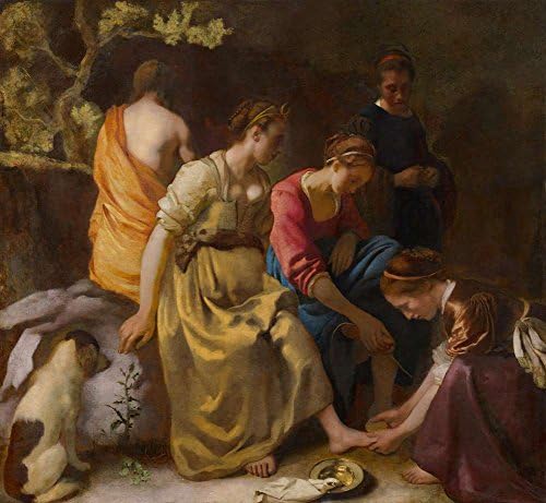 JH Lacrocon Johannes Vermeer - Diana And Her Companions Canvas Reproductions Rolled 36X34 inch - Genre Paintings Fully Textured 3D Printed Fine Art for Living Room