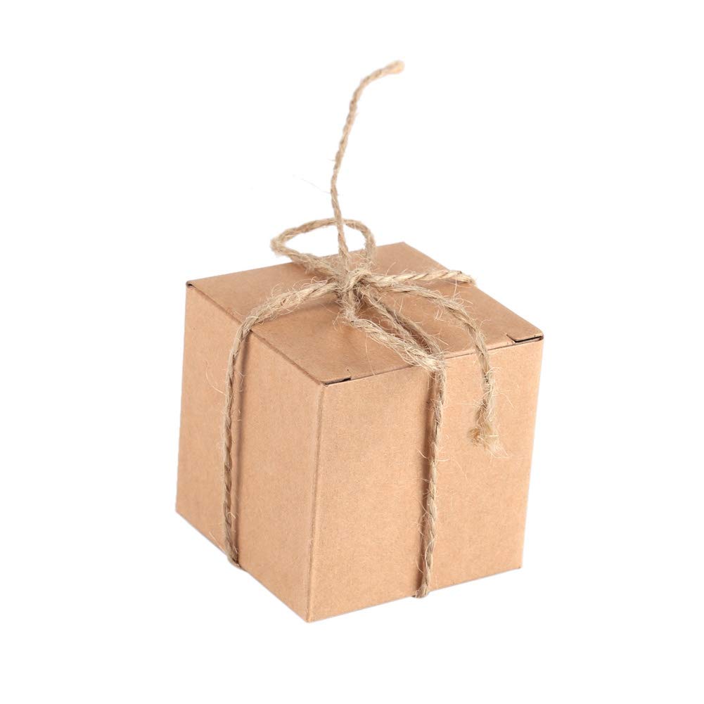 50pcs Mini Square Party Favor Box DIY Kit, 5x5x5cm Candy Box Bakery boxes Paper Board-Gift Packaging Boxes, Mini Suitcase Vintage Kraft Paper with Burlap Twine for Wedding Party Decoration