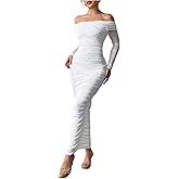 Floerns Women's Pearl Beaded Off The Shoulder Dress Ruched Bodycon Maxi Prom Dresses