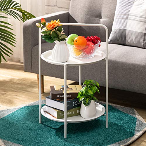 HollyHOME Small Round Metal Tray Table, 2Tier End Table, Accent Sofa