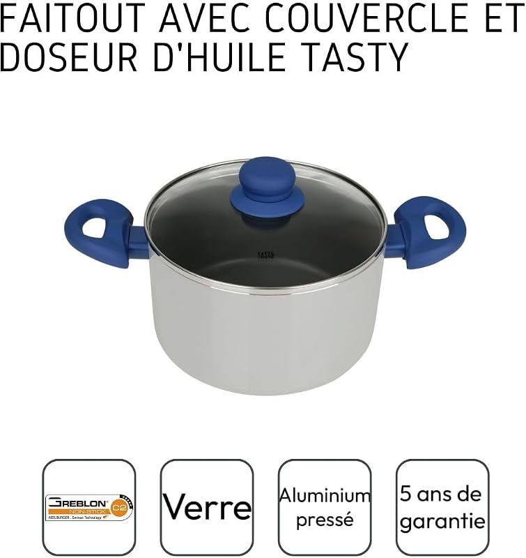 678539 Casserole 20 cm avec Couvercle, Antiadhésif Greblon®, Faitout Tous Feux Dont Induction, Four Jusque 130°C, Système Dosage d'Huile, Lave-Vaisselle, Aluminium Pressé, Verre, Gris, Bleu