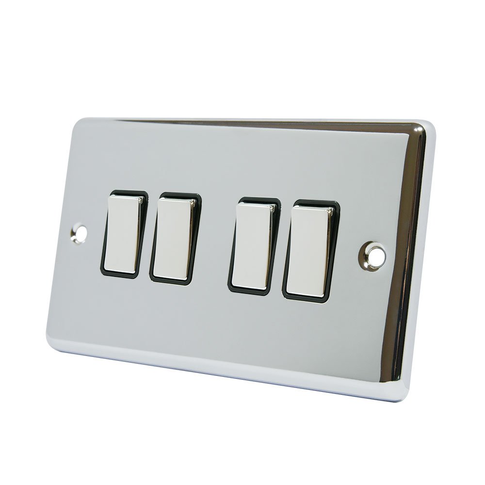 AET CPC4GSWIBC 4 Gang 2 Way 10 A Classical Chrome Polished Black Insert Metal Rocker Light Switch