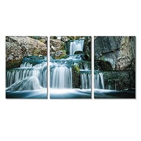 3 Panel Landscape Cascading Waterfall in Rocky Mountain...