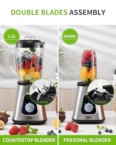 GDOR 1200 W Stand Mixer Glass 2-1 Mixer Smoothie Maker with 1.5 L Glass Jug and 650 ml Travel Mug 3 Speeds High Performance Mixer Professional Blender for Smoothies Shakes, Frozen Drinks Sauces