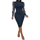 Uni Clau Women's Sexy Ribbed Bodycon Dress Mesh Floral Long Sleeve Slim Fit Midi Lilac Night Club Party Dresses