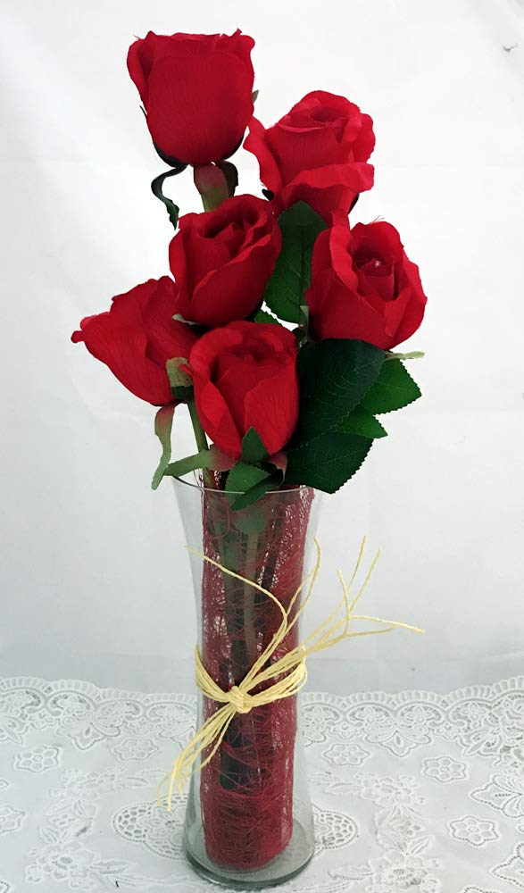 Buy Just Flowers Red Silk Big Roses In A Glass Vase 6 Red Roses