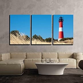 3 Piece Canvas Wall Art - Small Lighthouse Against a Clear Blue Sky with a Dune Full of Beach Grass - Modern Home Art Stretched and Framed Ready to Hang - 16"x24"x3 Panels