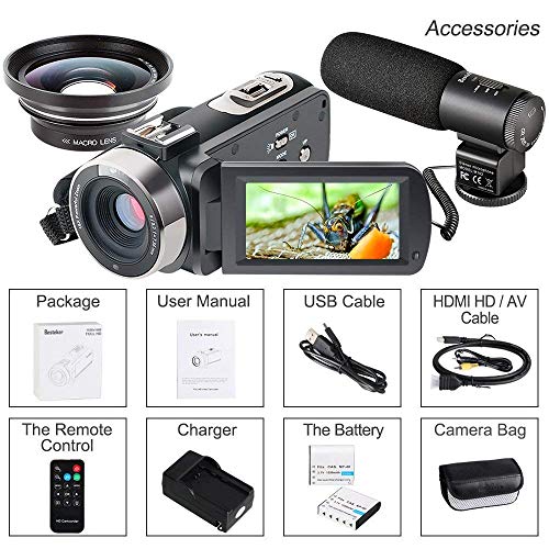 Camcorder,Besteker 1080P Video Camera IR Night Vision Full HD Digital Camera with External Microphone and Wide Angle Lens(2 Batteries Included) - Thumbnail 6