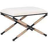 MAKLAINE Accent Stool, 24" W x 18" D x 18" H, Black Metal Legs with Rope Detail, Cream Neutral Upholstered Seat, Foam and Fab