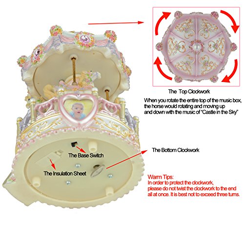 ACCOCO Large Carousel Music Box Luxury Color Change LED Light Luminous Rotating 3-horse Merry-Go-Round Music Box,Two Melody Carrying You from Castle in the Sky and Swan Lank (Pink)
