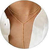 VRIUA Gold Necklace for Women, Dainty Gold Necklace 14K Gold Plated Lariat Pearl Y-Shaped Necklace Layered Bead Chain Diamond Drop Necklaces Minimalist Jewelry for Women