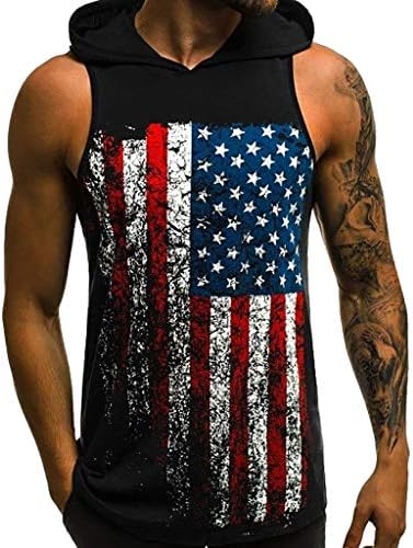 MIRRAY Men’s Hoodie Gym Casual Holiday Summer Hooded Blouse Star Striped Print Sports Pullover Running Sweatshirt Sleeveless Tank Regular Fit Man Tops Vest