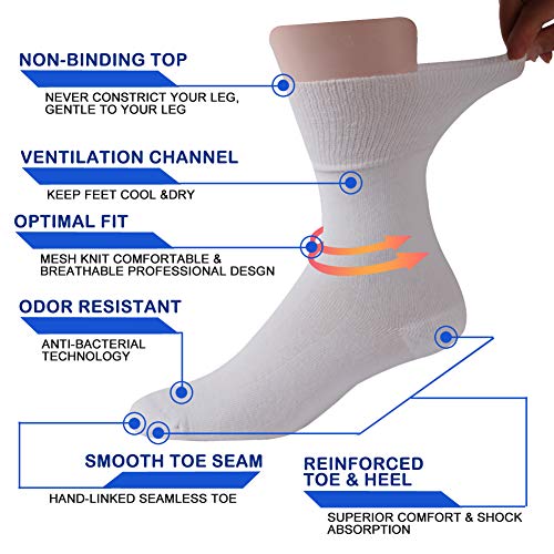 Facool Wide Ankle Socks Diabetic, Men Women Moisture Wicking No Blister Anti Skid Cotton Cushion Non Binding Socks 8 Pairs White X-Large