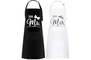 Mr and Mrs Apron Set, 2 Pcs Adjustable Bib Apron with Pockets Bride Groom Cooking Kitchen Aprons for Women Men Chef