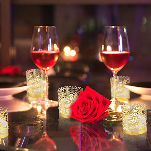 LOVEINUSA 48pcs Votive Wraps, Golden Tea Light Covers Laser Cutting for Decorative Wraps Flickering LED Battery Tealight Candles