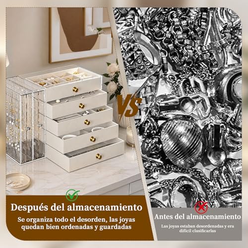 Organizador Acrílico para joyas, Joyero Transparente con 5 Cajones, Soporte para Collar de Acrílico, Terciopelo Beige, Joyero Multifuncional, para Relojes, Collares, Pendientes, Anillos