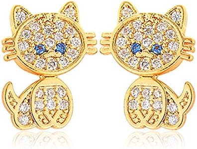 Rolove Cute Lucky 14K Gold Plated Brass Baby Cat Stud Needle Earrings with Cubic Zirconia Inserted