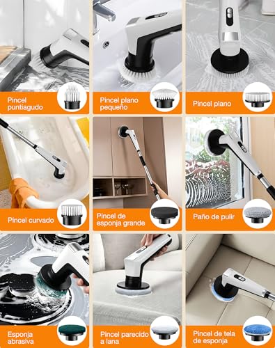 Fofile Electric Cleaning Brush with 9 Interchangeable Heads, 3 Speeds, IPX8 Waterproof, 3000 mAh Battery, LED Light, Telescopic Handle, Rotary Brush for Bathroom, Kitchen, Tiles, Car