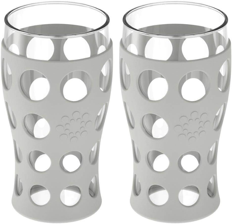 Lifefactory 20-Ounce BPA-Free Indoor/Outdoor Protective Silicone Sleeve Beverage Glass, 2-Pack, Stone Gray