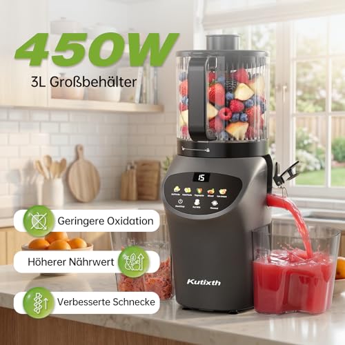 Kutixth Juicer 450 W Slow Juicer with 156 mm Feeding Slide | 3L capacity, cold press, high juice yield, BPA-free, for whole vegetables and fruit