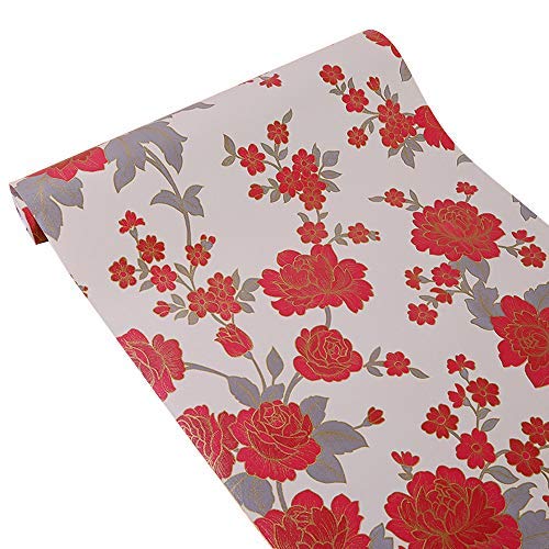 Yifely Vintage Red Peony Removable PVC Shelf Drawer Liner Home Decor Makeup Boxes Storage Cabinets DIY Paper 17x118 Inch