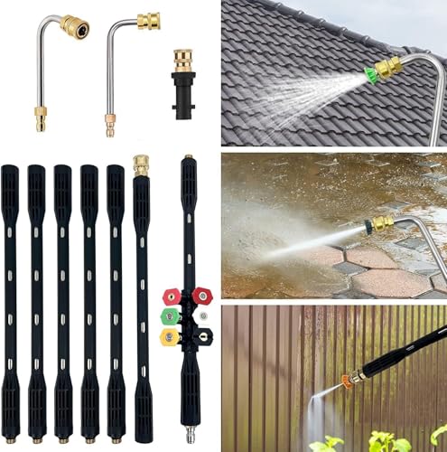 HoldOneLight Extension Rods for High Pressure Washer, Set of 10 with Karcher K2-K7 Adapter, Gutter Cleaner 4000 PSI, Quick Connect 1/4", 6 Multi-Purpose Nozzles