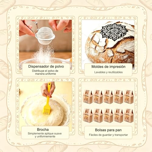 Kit de inicio de masa madre, Suministros para Hornear Pan de Masa Madre, Incluye 2 cestas de fermentación, Manual, Tarro, Espátula, Cuchillas, Bolsas y Más, Regalos de repostería
