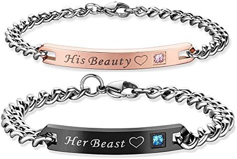 His and Hers Stainless Steel Couples Bracelets / Lover Bracelets Set(2pcs) (His Beauty Her Beast)