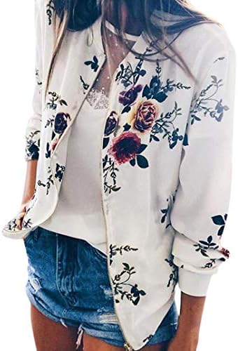 Womens Jacket Coat Vovotrade Ladies Retro Floral Zipper Up Bomber Jacket Casual Basic Outwear Tops White