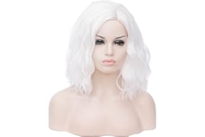BERON White Wigs for Women Short Curly Bob Side Part Wig Girls Shoulder Length Body Wavy Hair Wig White Heat Resistant Synthetic Halloween Cosplay Daily Party Wigs