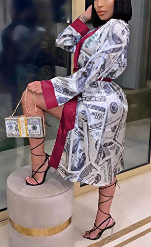 GONELYON Womens Money Printed Robes Sexy Long Sleeve Silky Belted Open Front Wedding Party Loungewear Pajama Dress