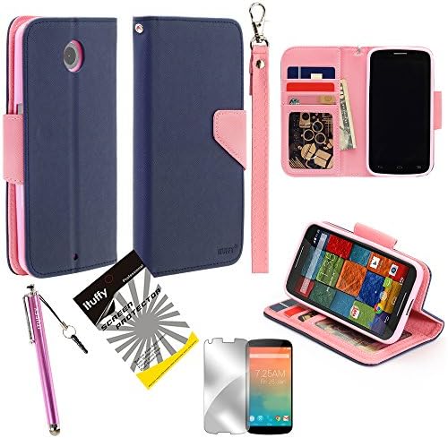 3 items Combo: ITUFFY (TM) LCD Screen Protector Film + Stylus Pen + MultiFunction 2-Tone Portfolio Leather Wallet with Inner Soft TPU Rubber Skin &amp; ID Card Slots with Lanyard and Magnetic closure for Motorola Google Nexus 6 (6.0" Screen Size) (Navy Blue - Light Pink)