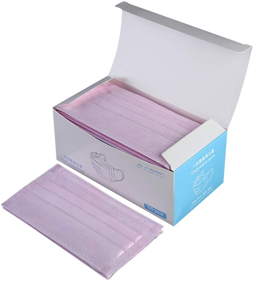 50 Pcs Disposable Earloop Face Masks Germ Dust Protection Three/Four Layer Activated Carbon Filter Face Masks, Protects Against Dust, Allergens and Contaminants (Pink: Three Layers)