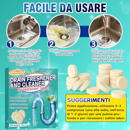 Smelly Drain Cleaning Tablets - 25 Effervescent Tablets - Eliminates Bad Odors from Sink, Toilet, Shower and Kitchen - Suitable for PVC, Steel and Septic Tanks