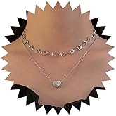 Vacaonio Punk Layered Heart Choker Necklace Hollow Heart Necklace Silver Heart Pendent Necklace Bead Heart Collar Necklace Love Heart Chain Necklace Jewelry for Women