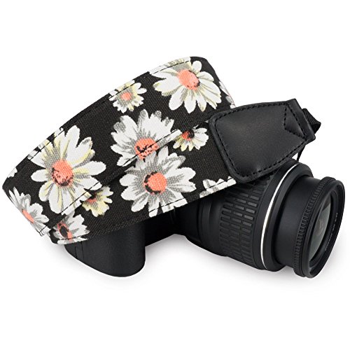 Wolven Pattern Canvas Camera Neck Shoulder Strap Belt Compatible for All DSLR/SLR/Men/Women etc, Black White Flower Floral