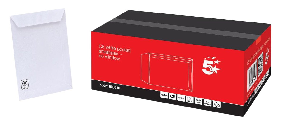5 Star C5 Envelopes Peel and Seal Pocket 100gsm White (Pack of 500)