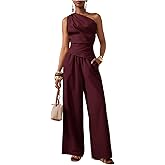 winkbay Women's 2 Piece Cocktail Party Outfits Elegant One Shoulder Ruched Top and Wide Leg Pants Matching Sets
