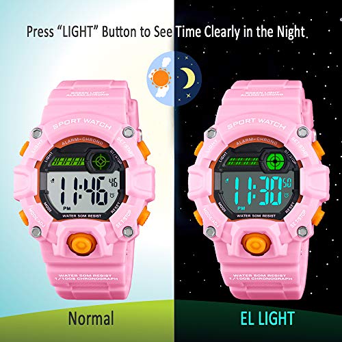 Venhoo Kids Digital Watches Outdoor Sport Waterproof Electronic LED Alarm Stopwatch Wrist Watch for Kids Girls-Pink