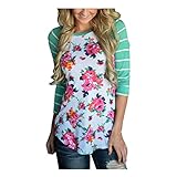 BZTT Women's 3/4 Sleeve Round Neck Striped Floral Printed Splice T-Shirts