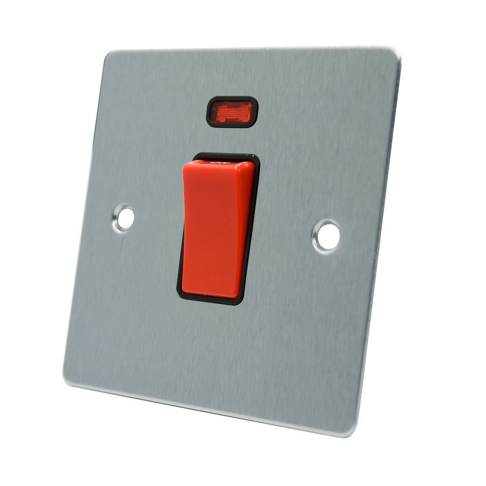 AET FSCCSWBL 45 A 1-Gang Satin Chrome Flat Dp Cooker Switch W/Neon Indicator with Black Insert
