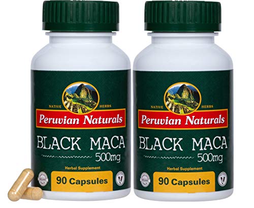 Organic Black Maca 500mg - 180 Capsules - Peruvian Naturals | Certified-Organic Black Maca Root Powder from Peru for Vitality and Stamina