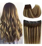Hair Extensions 14 Inch Halo Hair Extensions Real Human Hair Chocolate Brown with Golden Blonde S...
